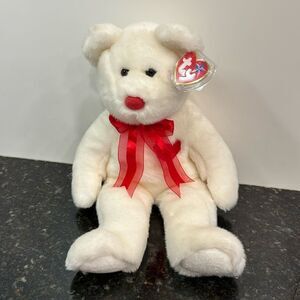 Ty Beanie Buddies Plush White Teddy Bear "Valentino"  With Heart and Tags 14"